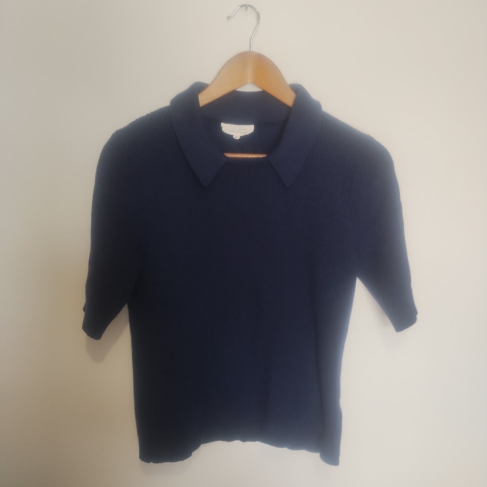 La Vila Milano Polo Sweater Women's Medium Navy Blue Ribbed Short Sleeve Preppy